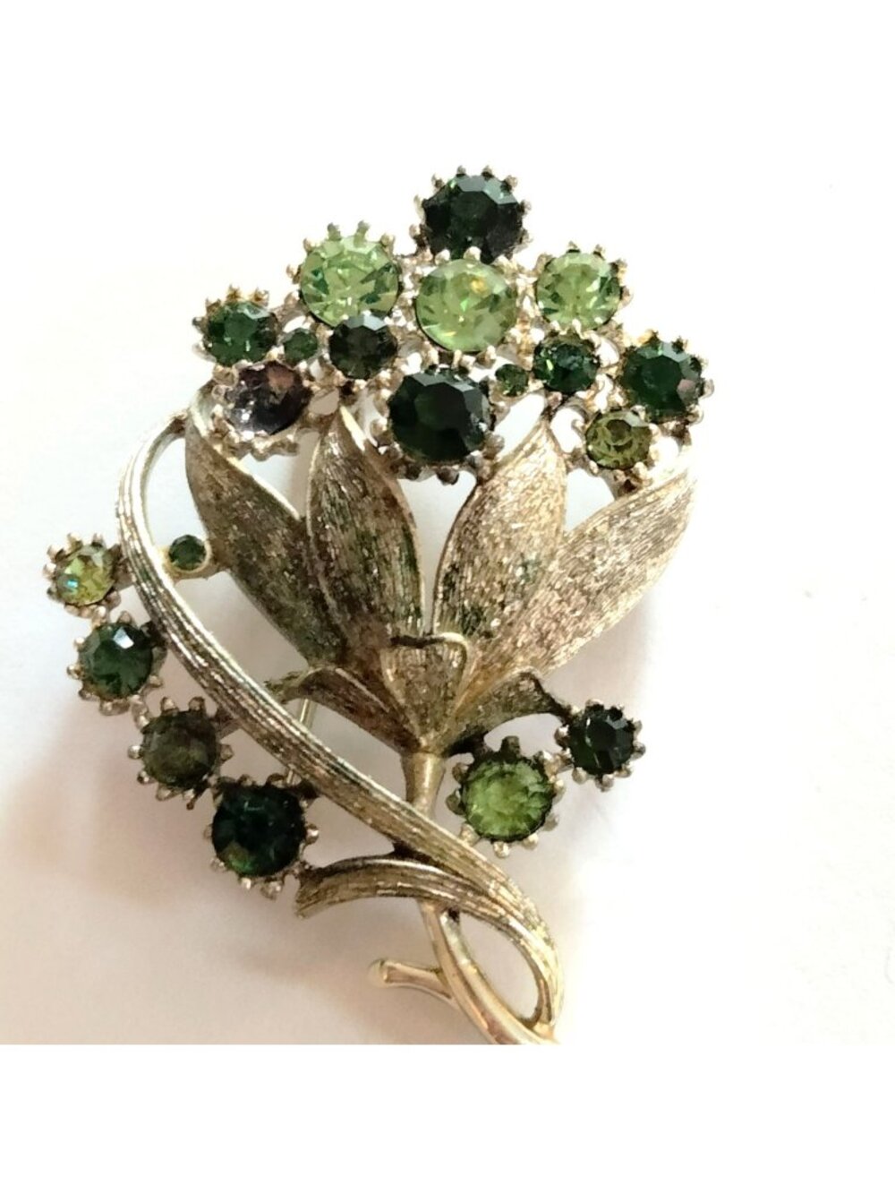 Green Rhinestone Floral Brooch Pin Crystals Vintage Gold Tone
